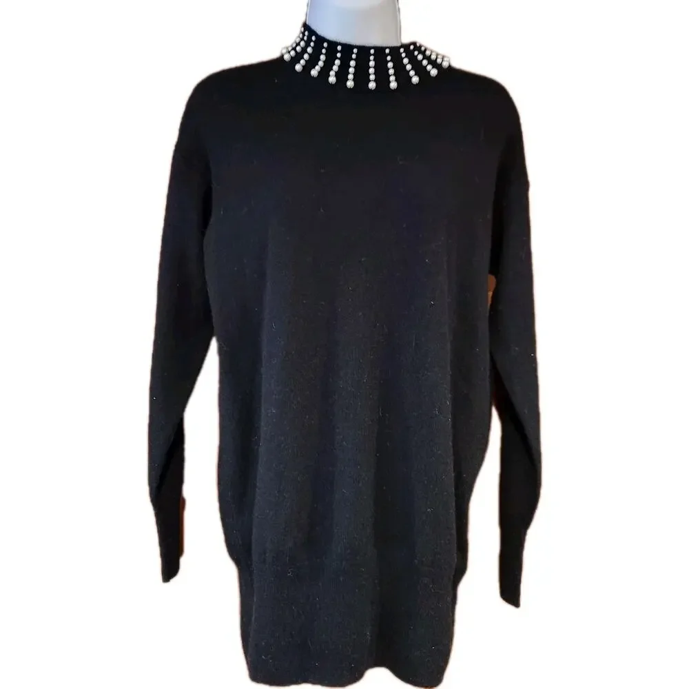 NWOT Hallhuber Black Merino Wool Turtleneck With Beaded Collar Sz‎ S